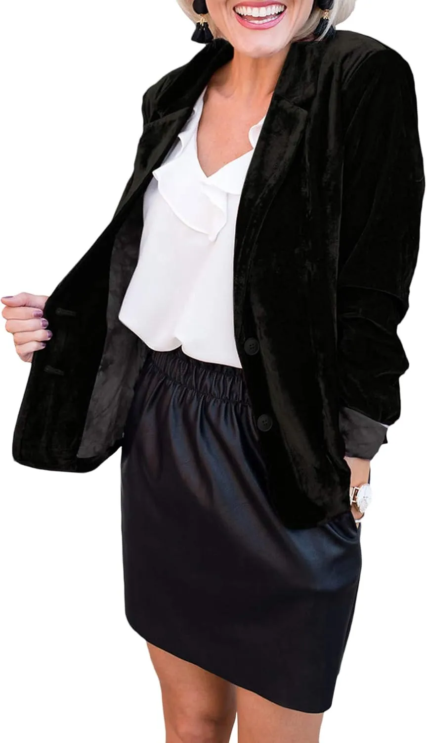 SEMATOMALA Women's Solid Long Sleeve Velvet Blazer Jacket Suit Open Front Cardigan Coat with Pockets Outerwear