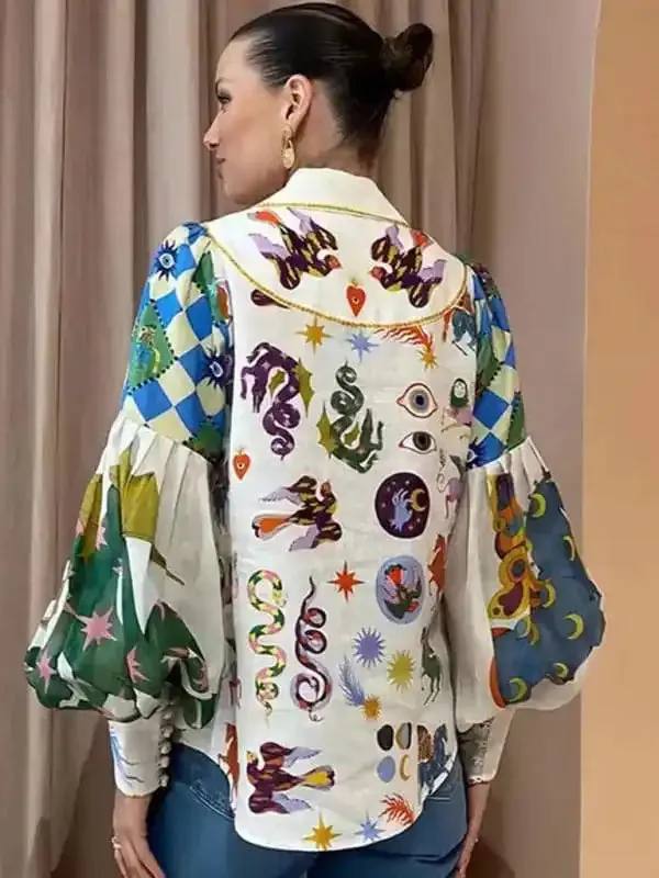 Single-Breasted Long-Sleeved Shirt With Lantern Sleeves. Fashionable Women’s Shirt