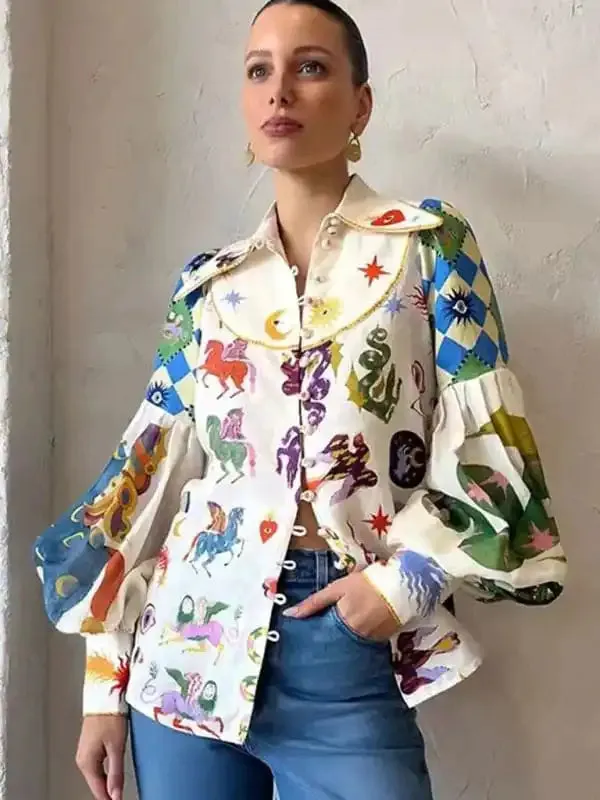 Single-Breasted Long-Sleeved Shirt With Lantern Sleeves. Fashionable Women’s Shirt