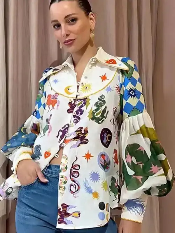 Single-Breasted Long-Sleeved Shirt With Lantern Sleeves. Fashionable Women’s Shirt