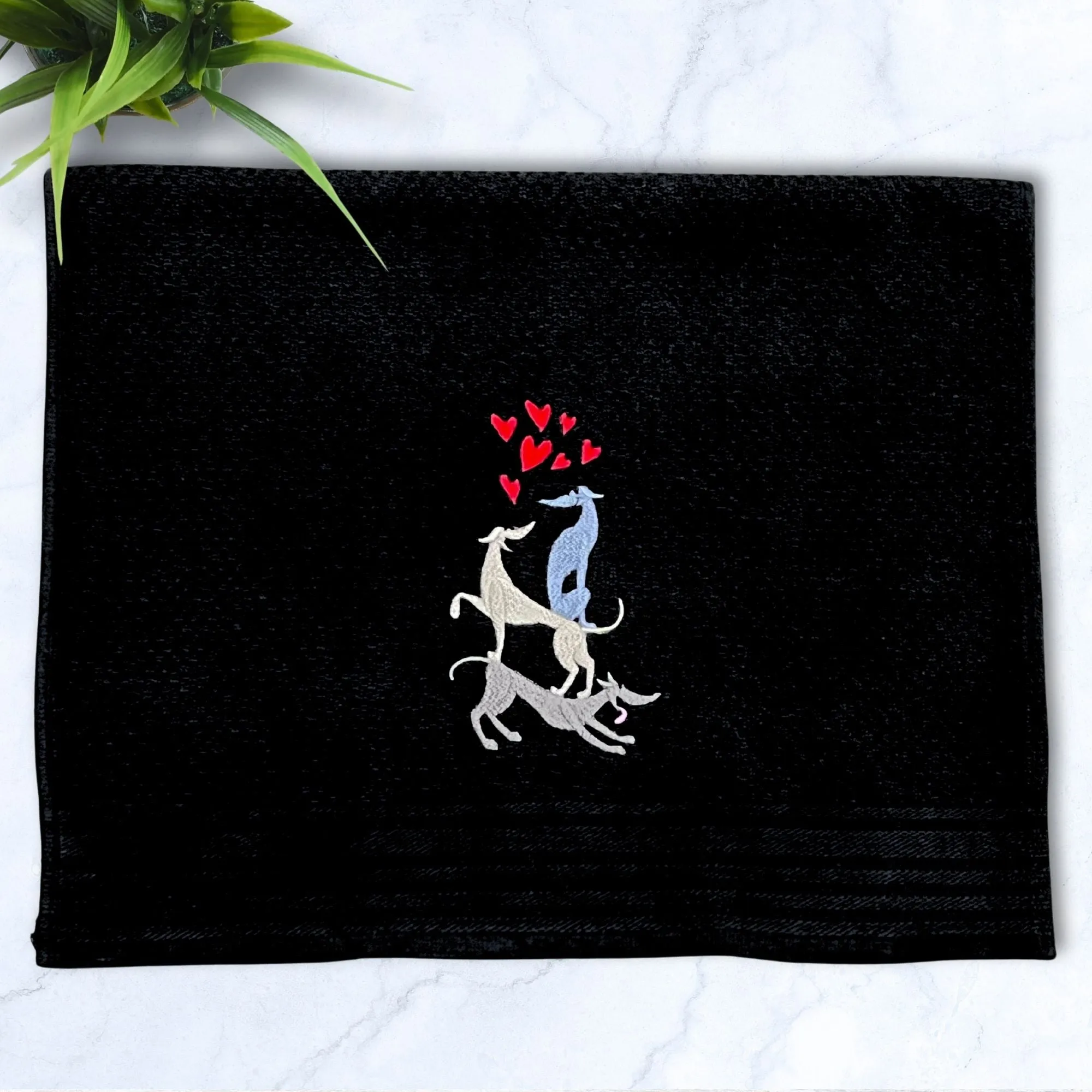 Stacked Hounds with Hearts Italian Greyhound Whippet Black Kitchen Hand Towel