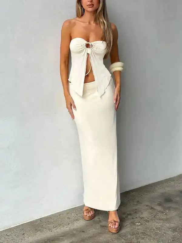Temperament solid color sleeveless mesh double layer slit tube top vest long skirt suit