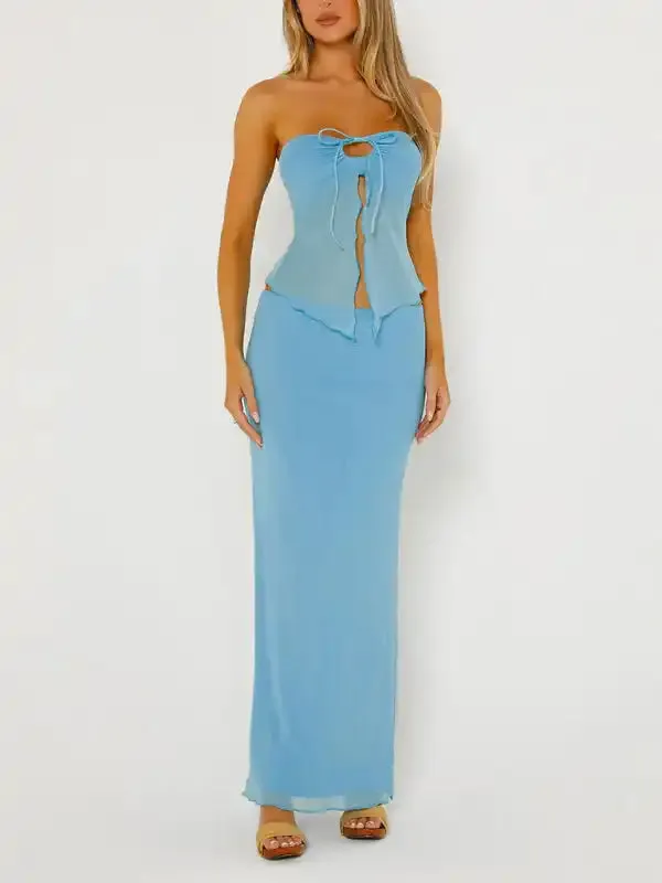 Temperament solid color sleeveless mesh double layer slit tube top vest long skirt suit