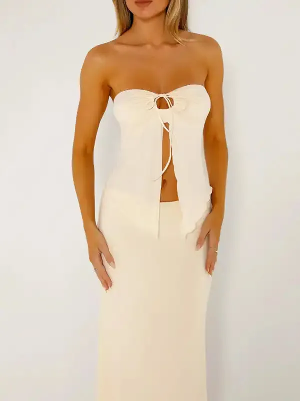 Temperament solid color sleeveless mesh double layer slit tube top vest long skirt suit