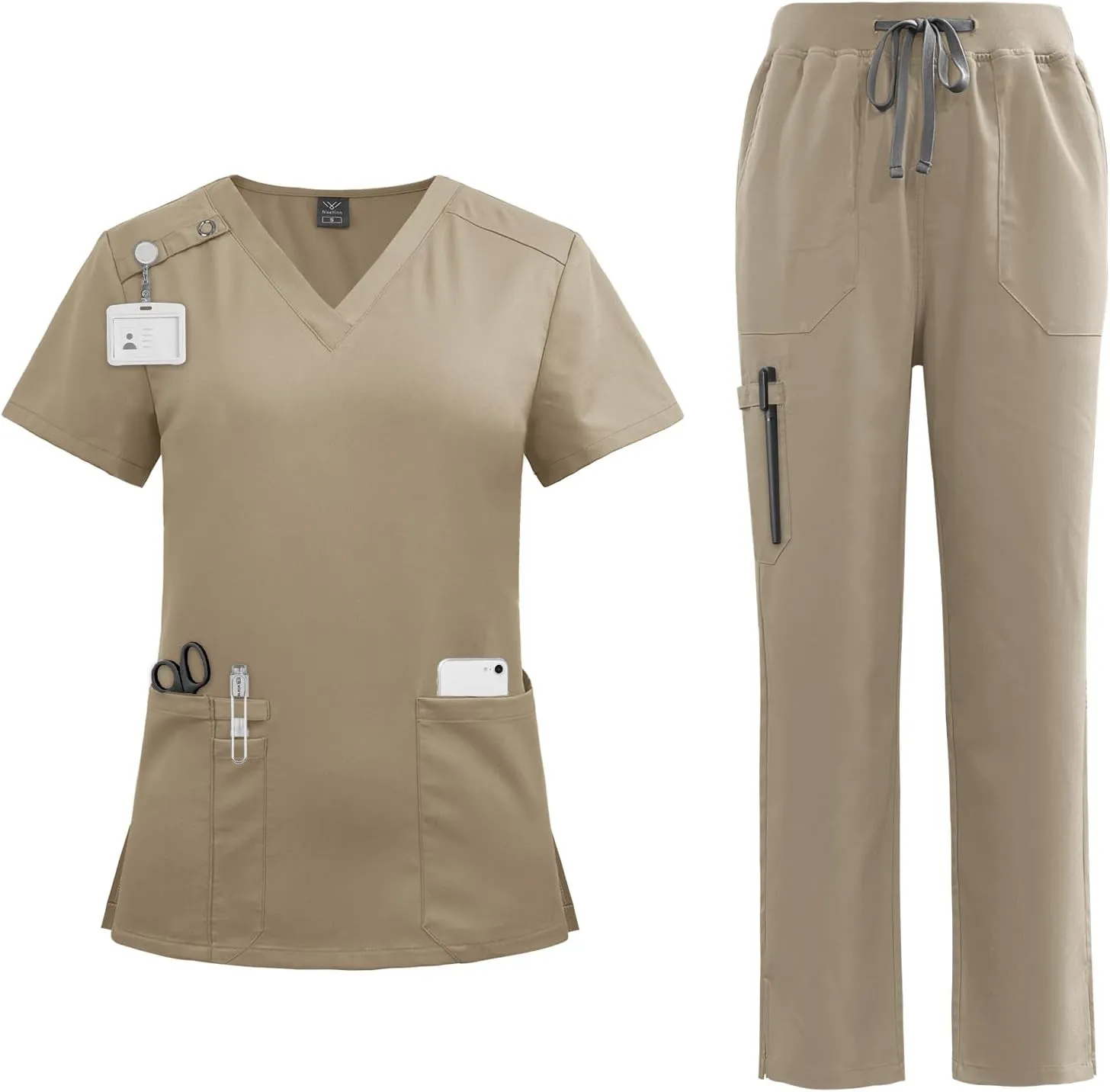 VIAOLI Scrubs Set for Women - Modern V-Neck Top & Tapered Leg Jogger Pants Multiple Pockets Nursing Uniforms