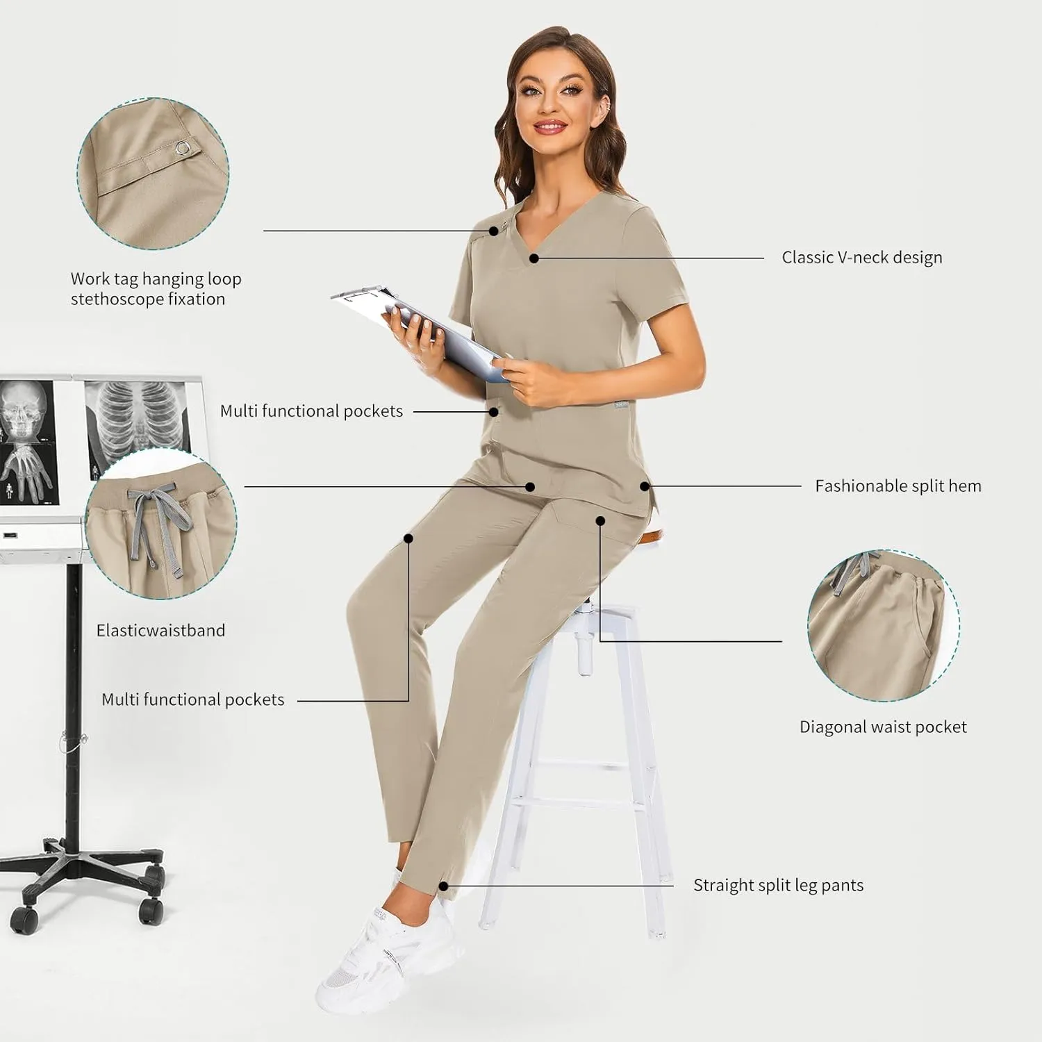 VIAOLI Scrubs Set for Women - Modern V-Neck Top & Tapered Leg Jogger Pants Multiple Pockets Nursing Uniforms