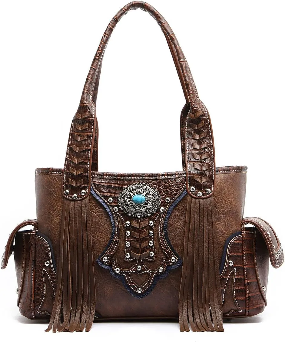 Western Handbag - Classic Concho Embossed Concealed Carry Shoulder Bag with Fringe