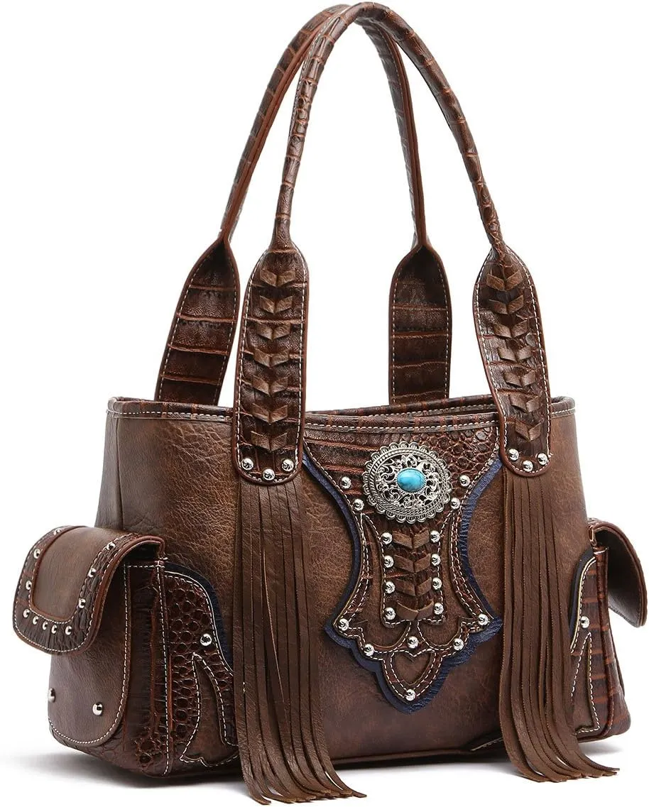 Western Handbag - Classic Concho Embossed Concealed Carry Shoulder Bag with Fringe