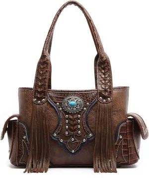 Western Handbag - Classic Concho Embossed Concealed Carry Shoulder Bag with Fringe