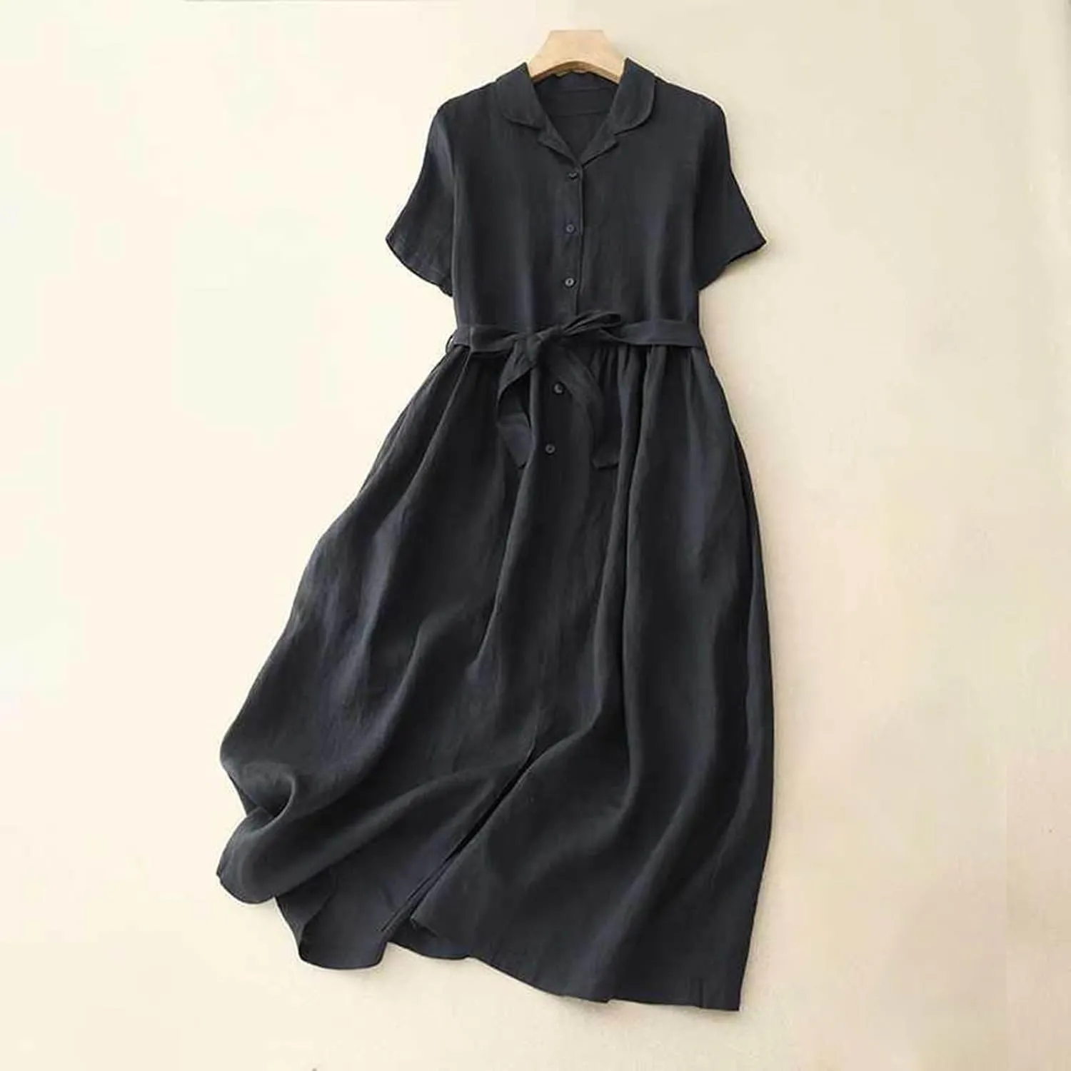 Women Bohemian Cotton Linen Dresses 3/4 Sleeve Maxi Long Dress Plain Classic Dresses Trendy Boho Dresses with Belt