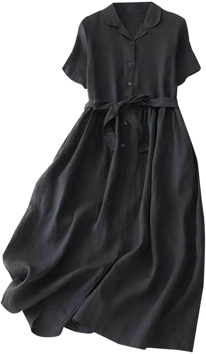 Women Bohemian Cotton Linen Dresses 3/4 Sleeve Maxi Long Dress Plain Classic Dresses Trendy Boho Dresses with Belt