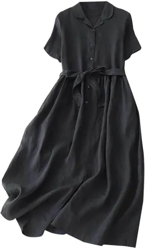 Women Bohemian Cotton Linen Dresses 3/4 Sleeve Maxi Long Dress Plain Classic Dresses Trendy Boho Dresses with Belt