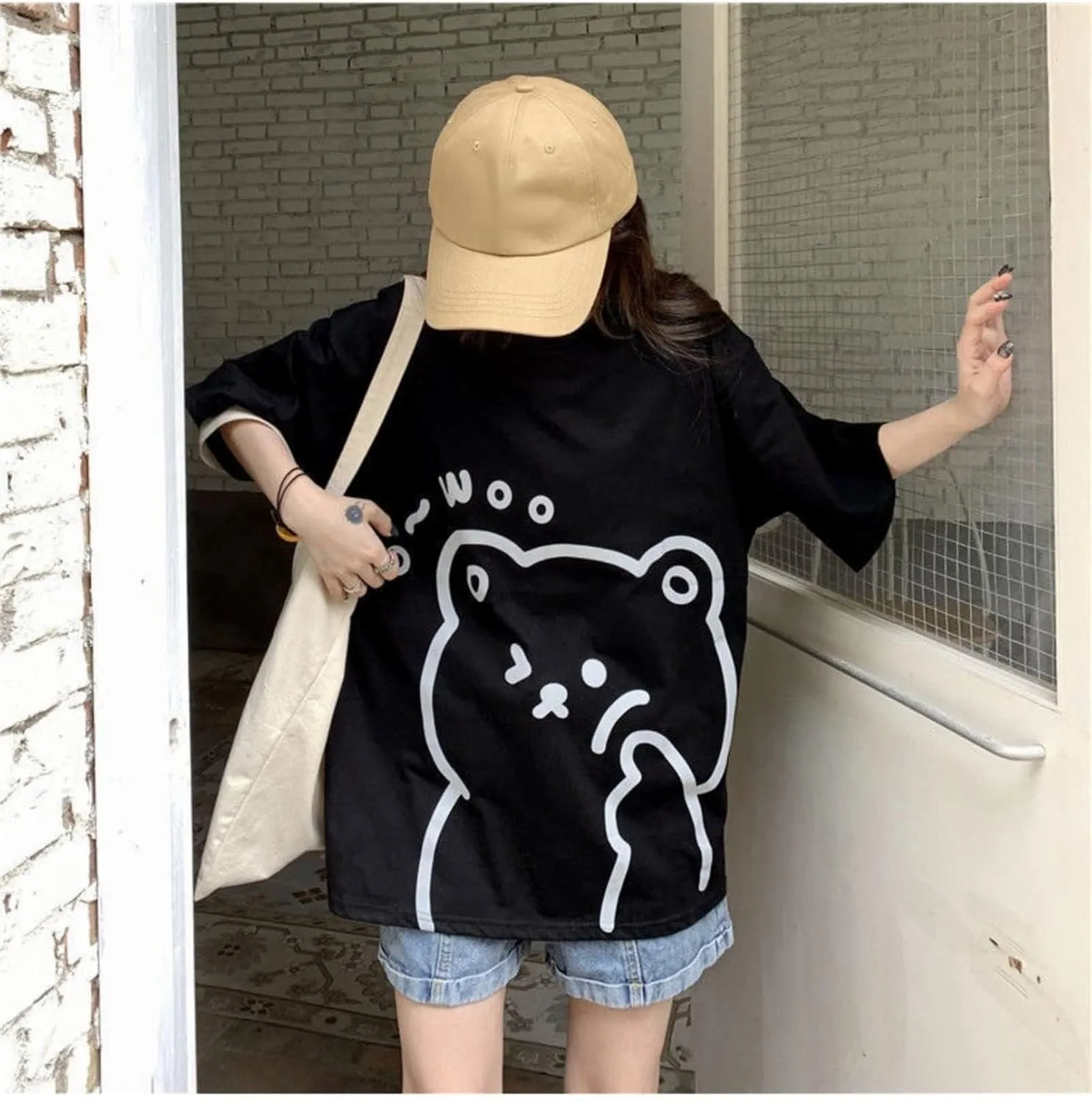 Women Kawaii Bear T-Shirt Cute Japanese Shirt Anime Graphic Tees Korean Preppy Short Sleece Oversized Clothes Tops