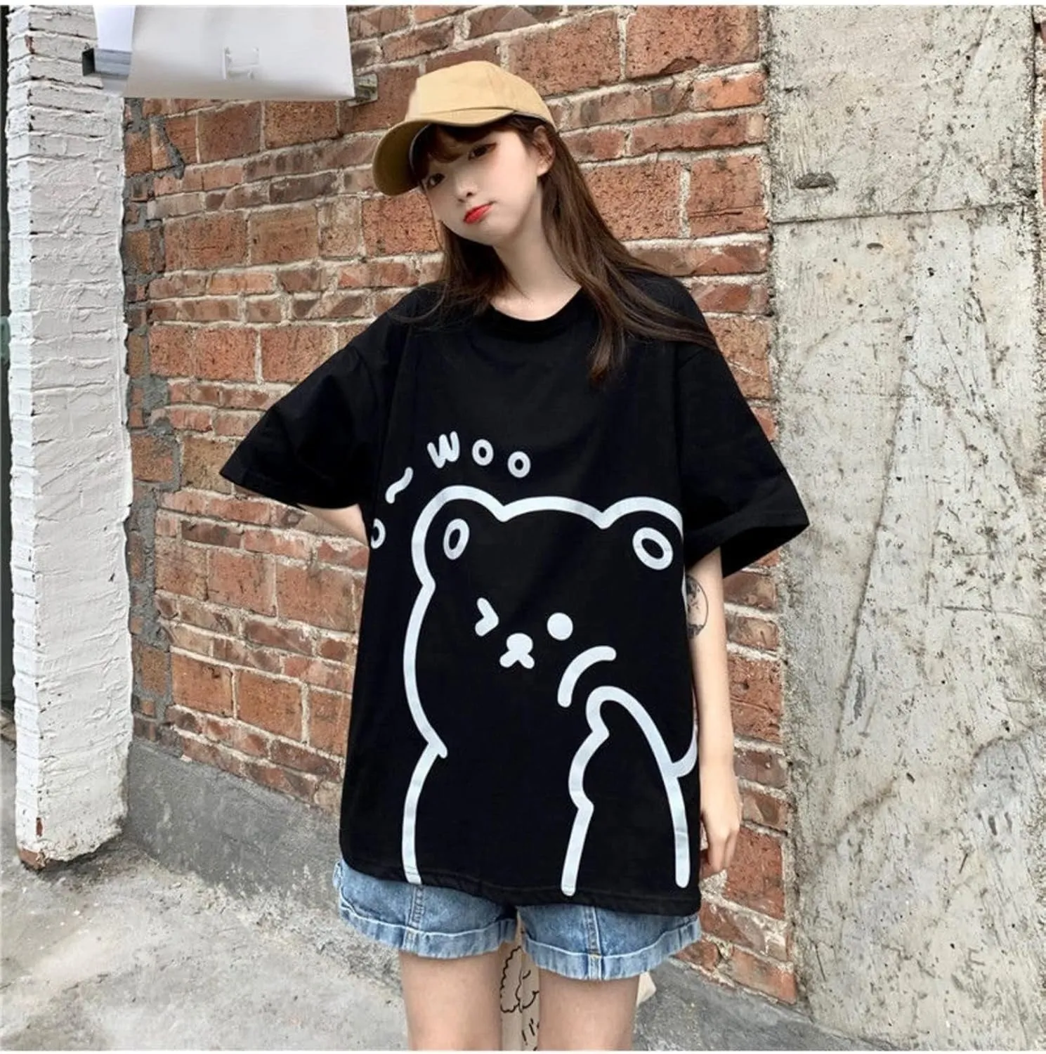 Women Kawaii Bear T-Shirt Cute Japanese Shirt Anime Graphic Tees Korean Preppy Short Sleece Oversized Clothes Tops
