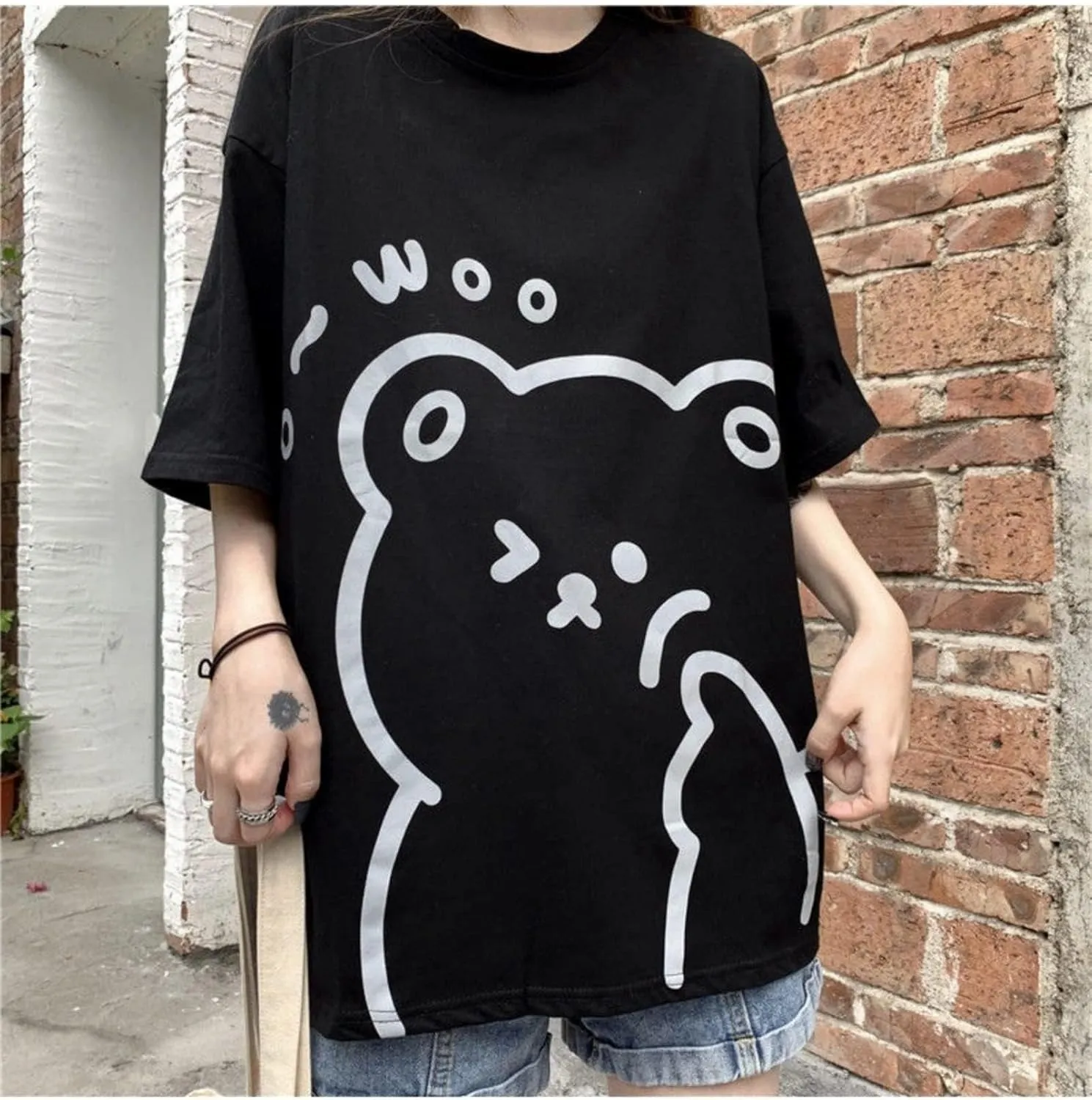 Women Kawaii Bear T-Shirt Cute Japanese Shirt Anime Graphic Tees Korean Preppy Short Sleece Oversized Clothes Tops