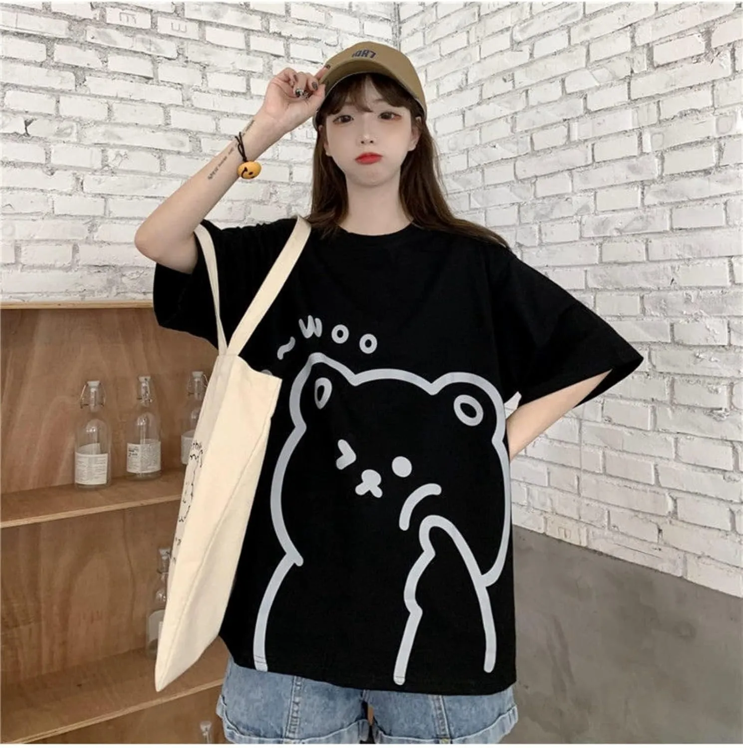 Women Kawaii Bear T-Shirt Cute Japanese Shirt Anime Graphic Tees Korean Preppy Short Sleece Oversized Clothes Tops