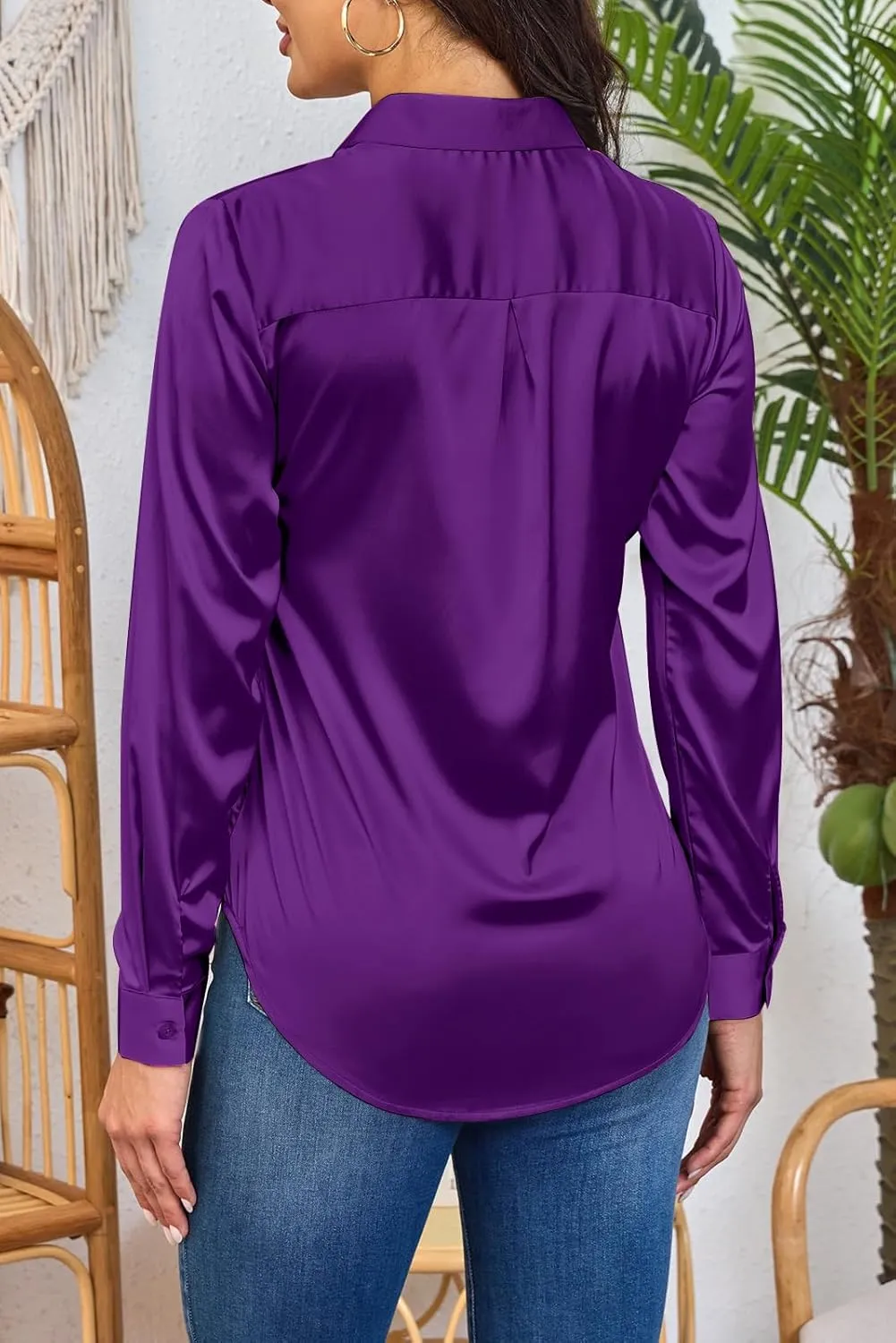 Women Silky Long Sleeve Button Down Shirts Formal Work Dress Shirt Satin Blouses Tops