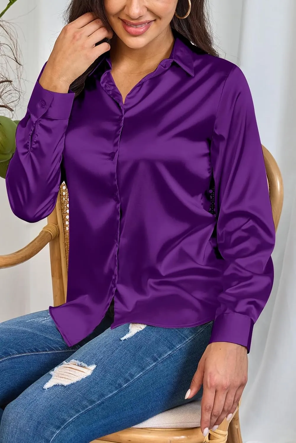 Women Silky Long Sleeve Button Down Shirts Formal Work Dress Shirt Satin Blouses Tops