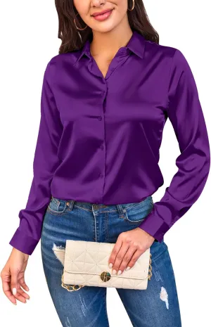 Women Silky Long Sleeve Button Down Shirts Formal Work Dress Shirt Satin Blouses Tops
