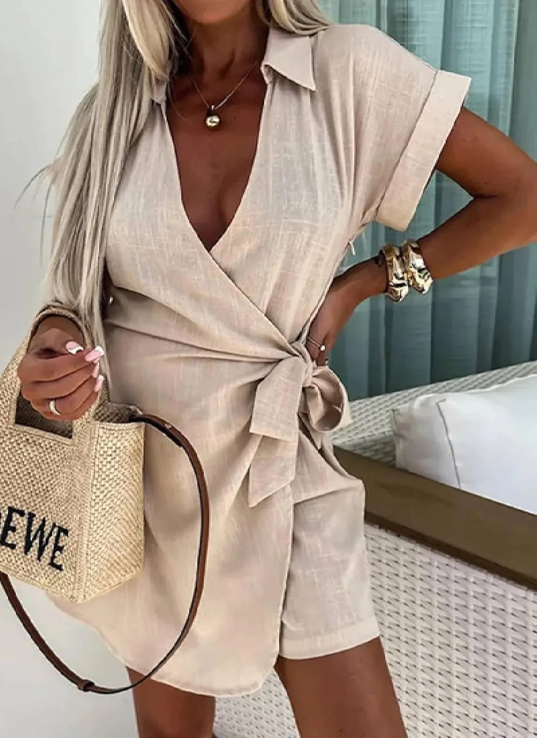 Women's 2025 Summer Collared Short Sleeve Midi Dresses Beige Plain Waist Cinching Slim Fit Dinner Date Shift Dress