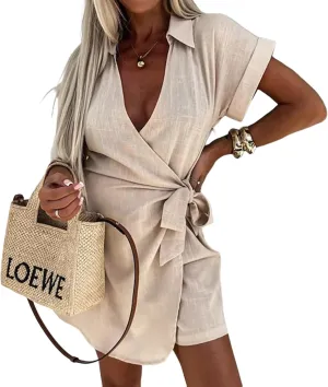 Women's 2025 Summer Collared Short Sleeve Midi Dresses Beige Plain Waist Cinching Slim Fit Dinner Date Shift Dress
