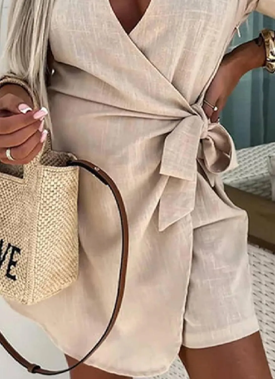 Women's 2025 Summer Collared Short Sleeve Midi Dresses Beige Plain Waist Cinching Slim Fit Dinner Date Shift Dress