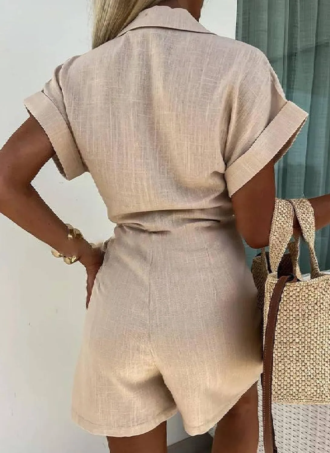 Women's 2025 Summer Collared Short Sleeve Midi Dresses Beige Plain Waist Cinching Slim Fit Dinner Date Shift Dress