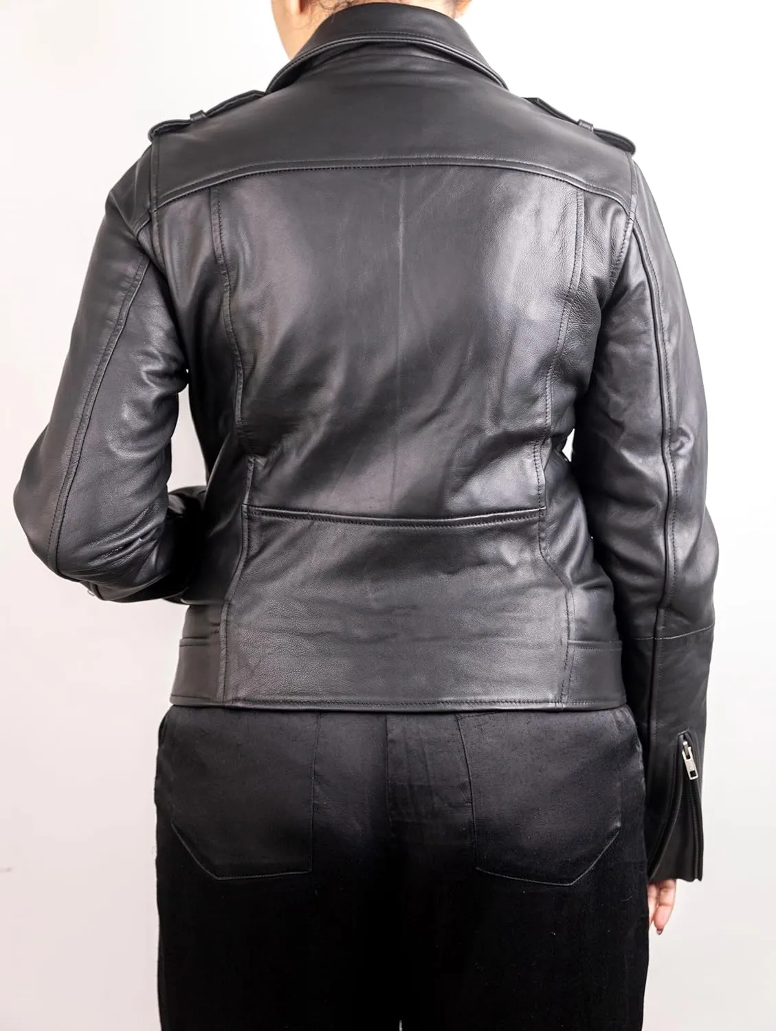 Women's Leather Jackets - Black Real Genuine Leather Slim Fit Motorcycle Jacket Zip Up Moto Biker Short Coat