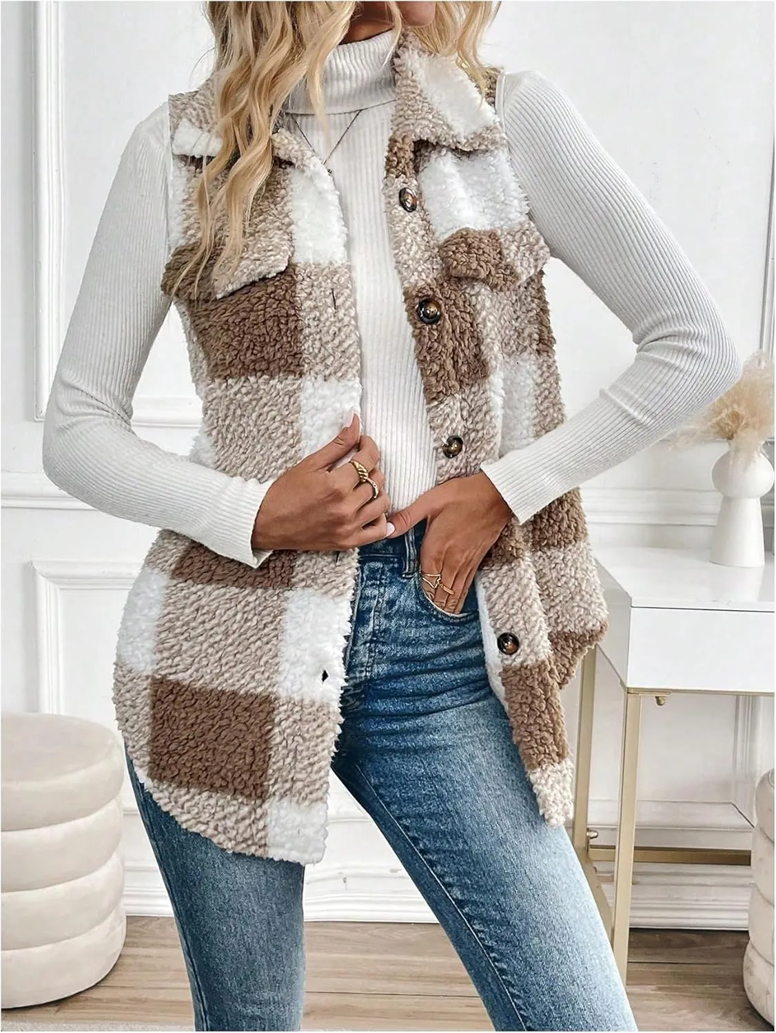 Women's Plaid Print Button Down Teddy Vest Coat Sleeveless Collar Fuzzy Outerwear