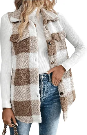 Women's Plaid Print Button Down Teddy Vest Coat Sleeveless Collar Fuzzy Outerwear