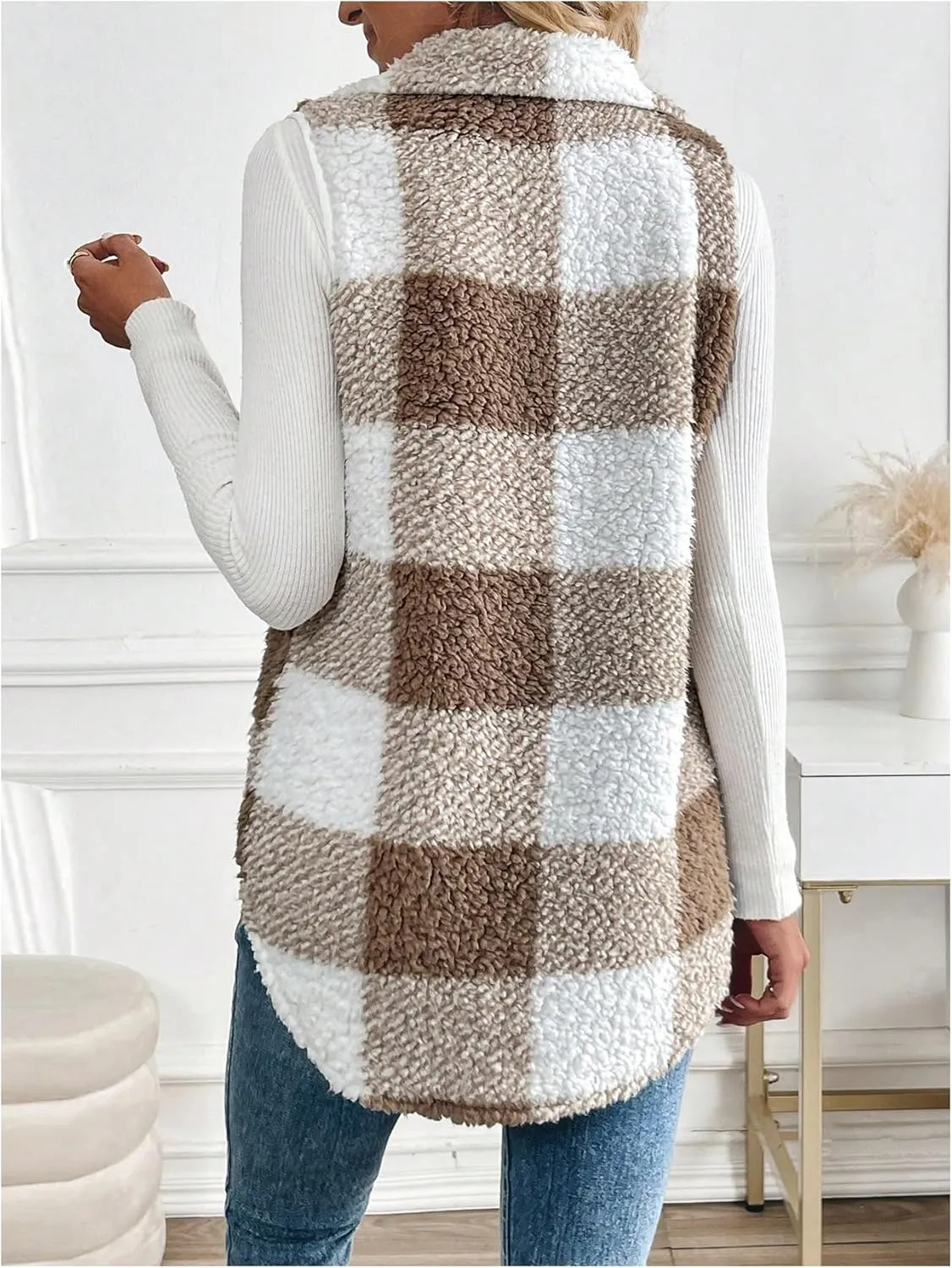 Women's Plaid Print Button Down Teddy Vest Coat Sleeveless Collar Fuzzy Outerwear