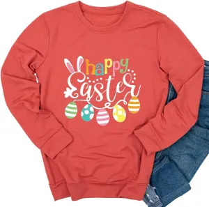 Ykomow Happy Easter Sweatshirt Women Long Sleeve Cute Bunny Rabbit Graphic Tees Pullover