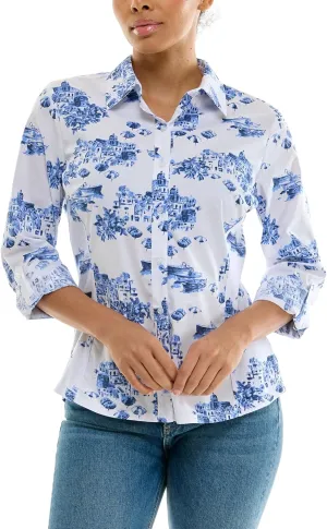 Zac & Rachel Women's Button Up Printed Poplin Shirt with Knit Insert