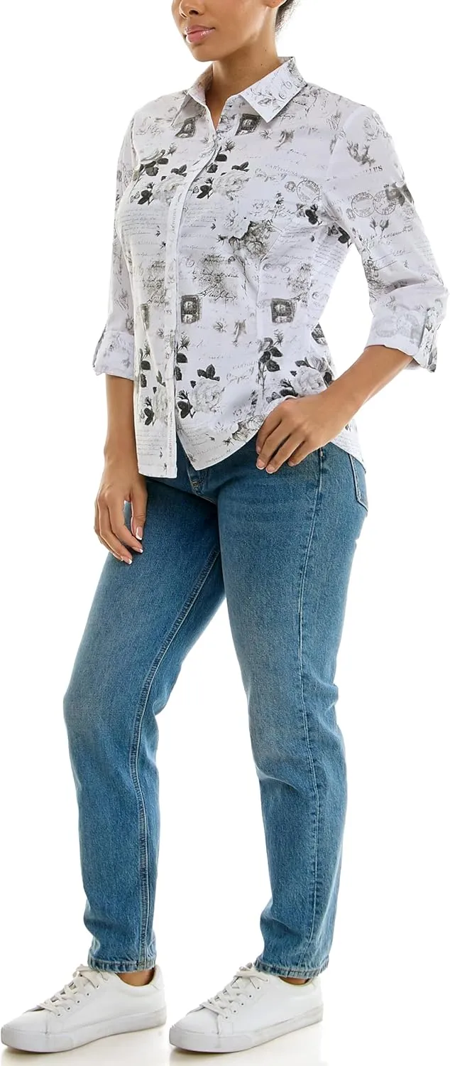 Zac & Rachel Women's Button Up Printed Poplin Shirt with Knit Insert