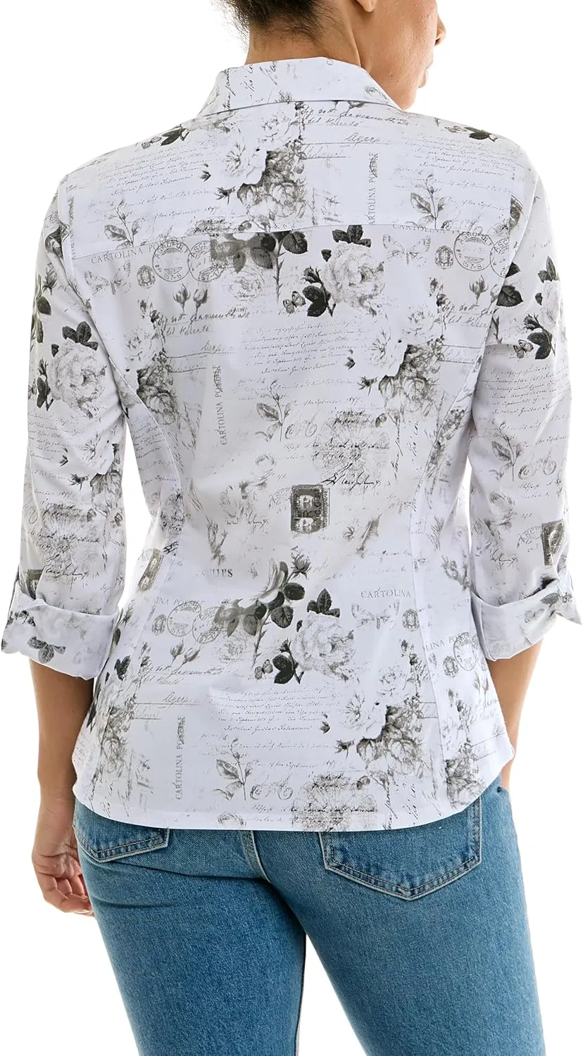Zac & Rachel Women's Button Up Printed Poplin Shirt with Knit Insert