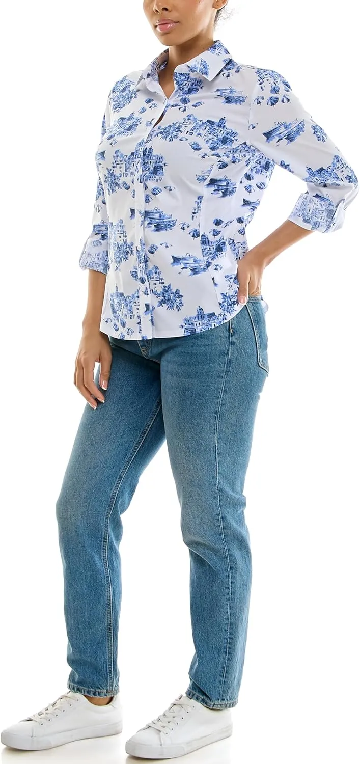 Zac & Rachel Women's Button Up Printed Poplin Shirt with Knit Insert