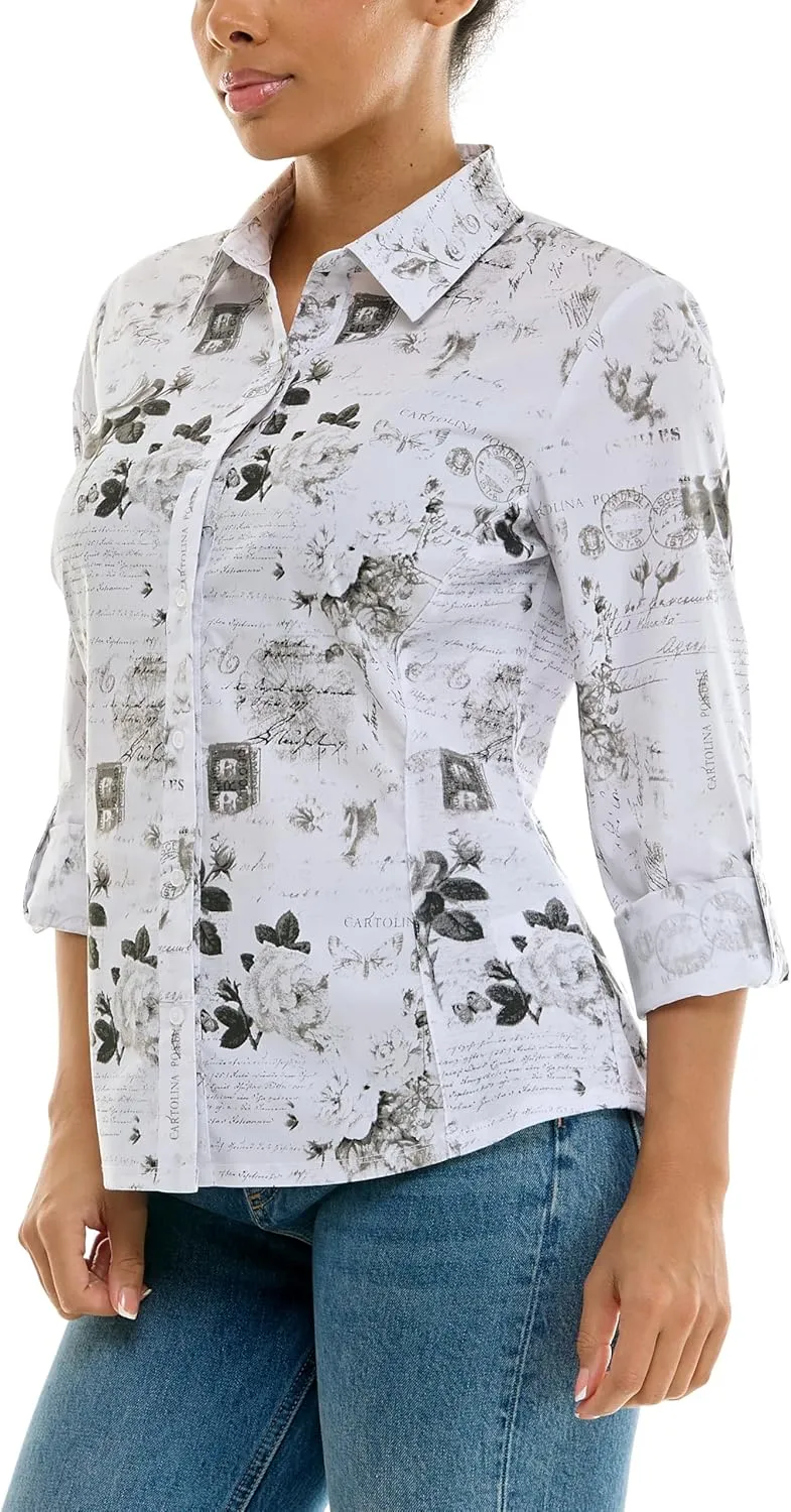Zac & Rachel Women's Button Up Printed Poplin Shirt with Knit Insert
