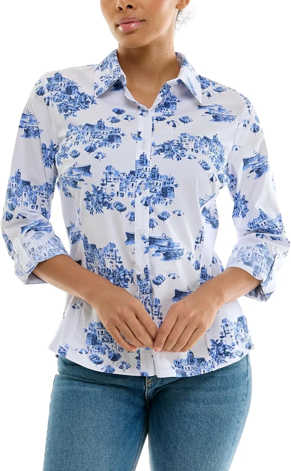 Zac & Rachel Women's Button Up Printed Poplin Shirt with Knit Insert