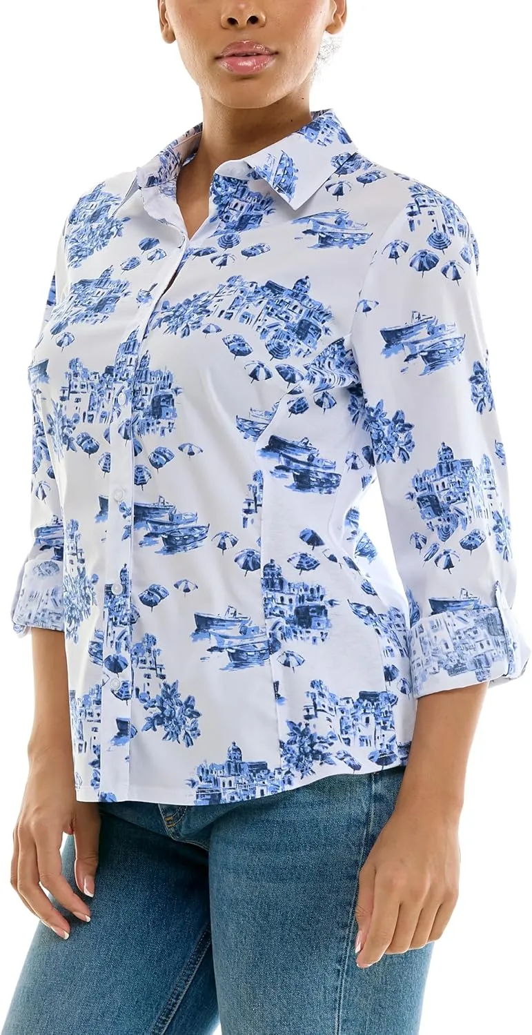 Zac & Rachel Women's Button Up Printed Poplin Shirt with Knit Insert