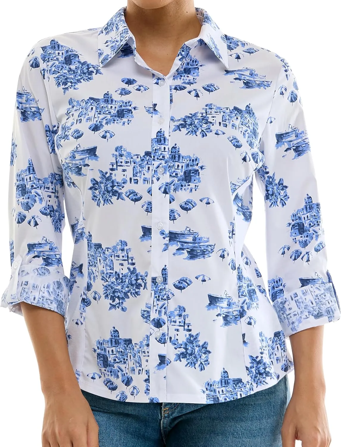 Zac & Rachel Women's Button Up Printed Poplin Shirt with Knit Insert
