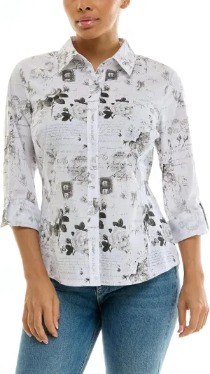 Zac & Rachel Women's Button Up Printed Poplin Shirt with Knit Insert