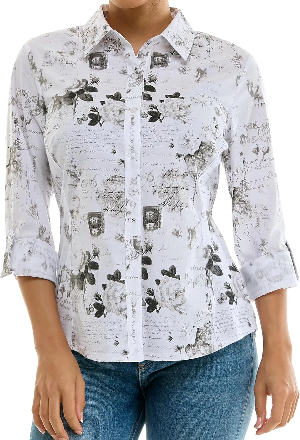 Zac & Rachel Women's Button Up Printed Poplin Shirt with Knit Insert