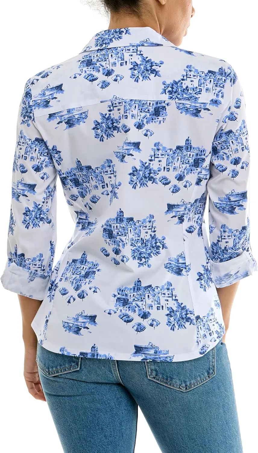 Zac & Rachel Women's Button Up Printed Poplin Shirt with Knit Insert